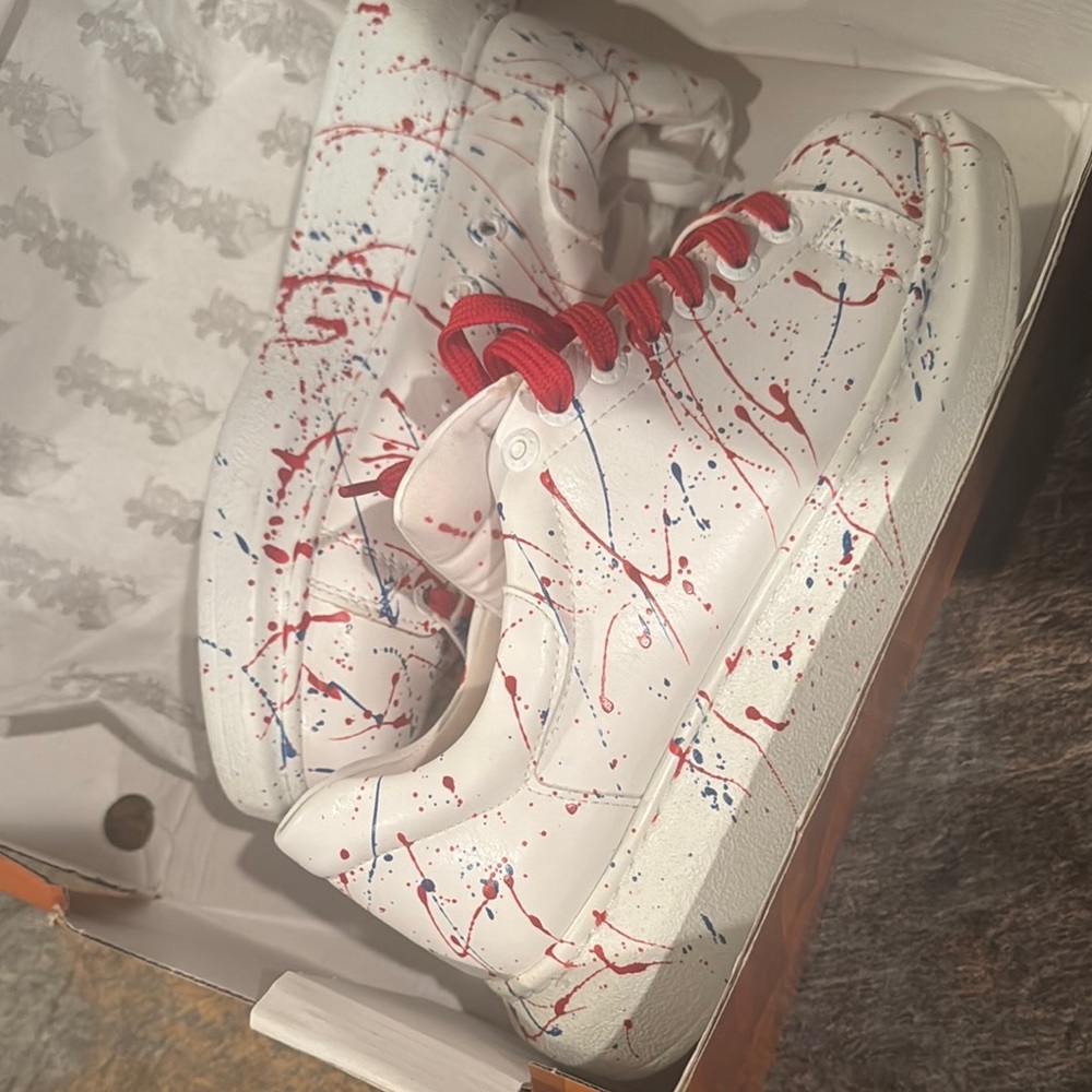 White and Red High-Top Sneakers with Paint Splatter Design